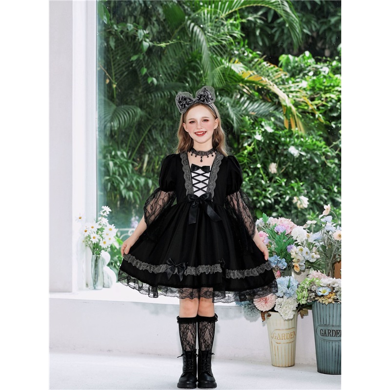 (160) Vampire Witch Lace Dress Halloween Kids Costume Witch Stage Outfit Funny Fancy Dress For Girls