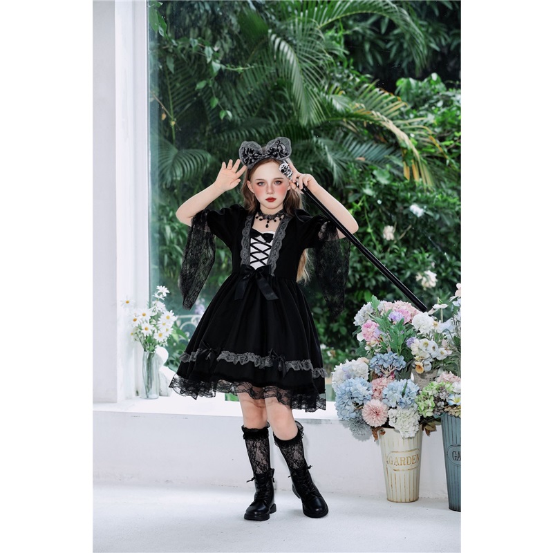 (160) Vampire Witch Lace Dress Halloween Kids Costume Witch Stage Outfit Funny Fancy Dress For Girls