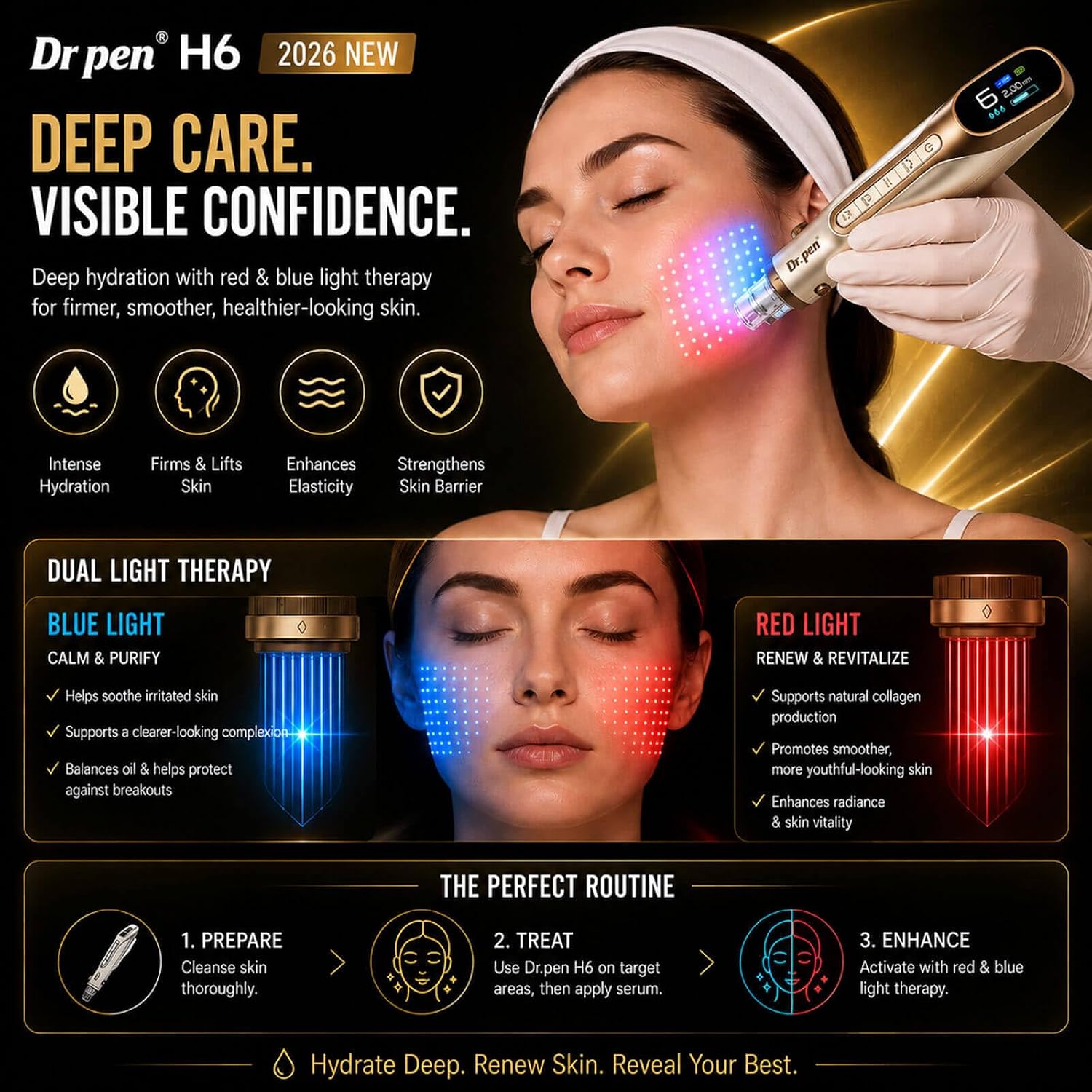 Dr. Pen H6 Professional Skin Care Device with LED Light Therapy Wireless Skin Care Pen for Face Serum Absorption Dual Power Includes 2 Cartridges