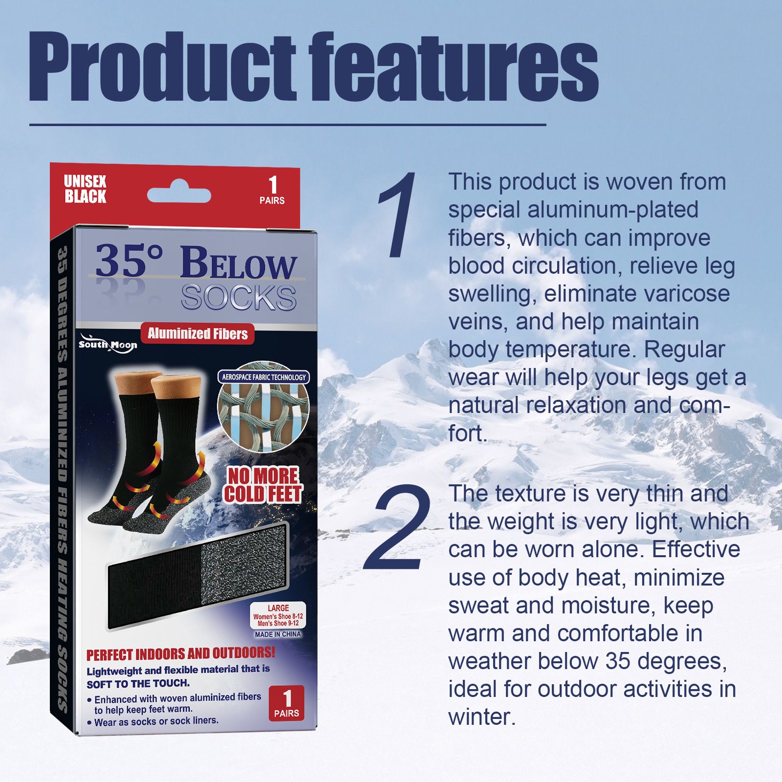 Self Heating Aluminized Fiber Socks For Cold Weather Warmth And Leg Comfort 1 Pair