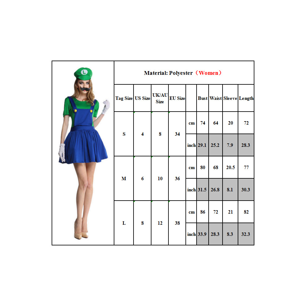 ((Women) Green Luigi, S) Adults Women Super Mario Bros Luigi Fancy Dress Outfit Sets Par