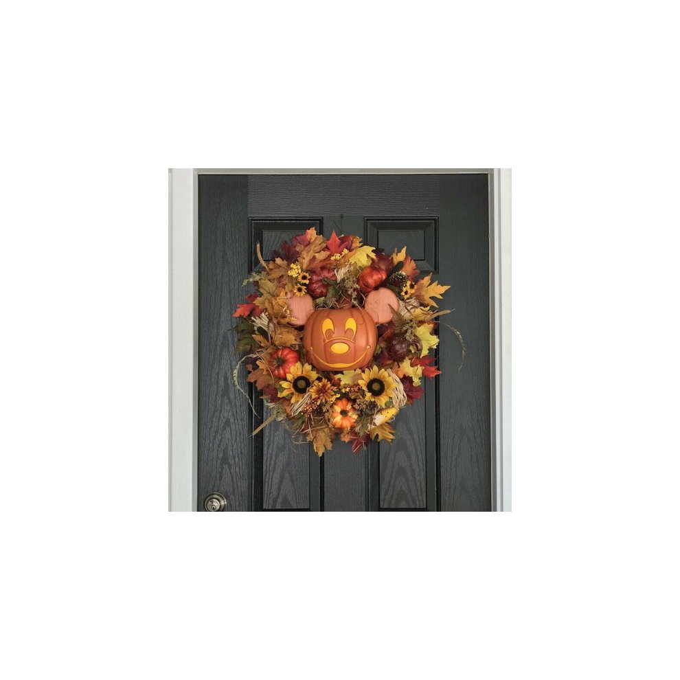 Mickey Mouse Halloween Wreath Orange Pumpkin Skeleton Door Hanging