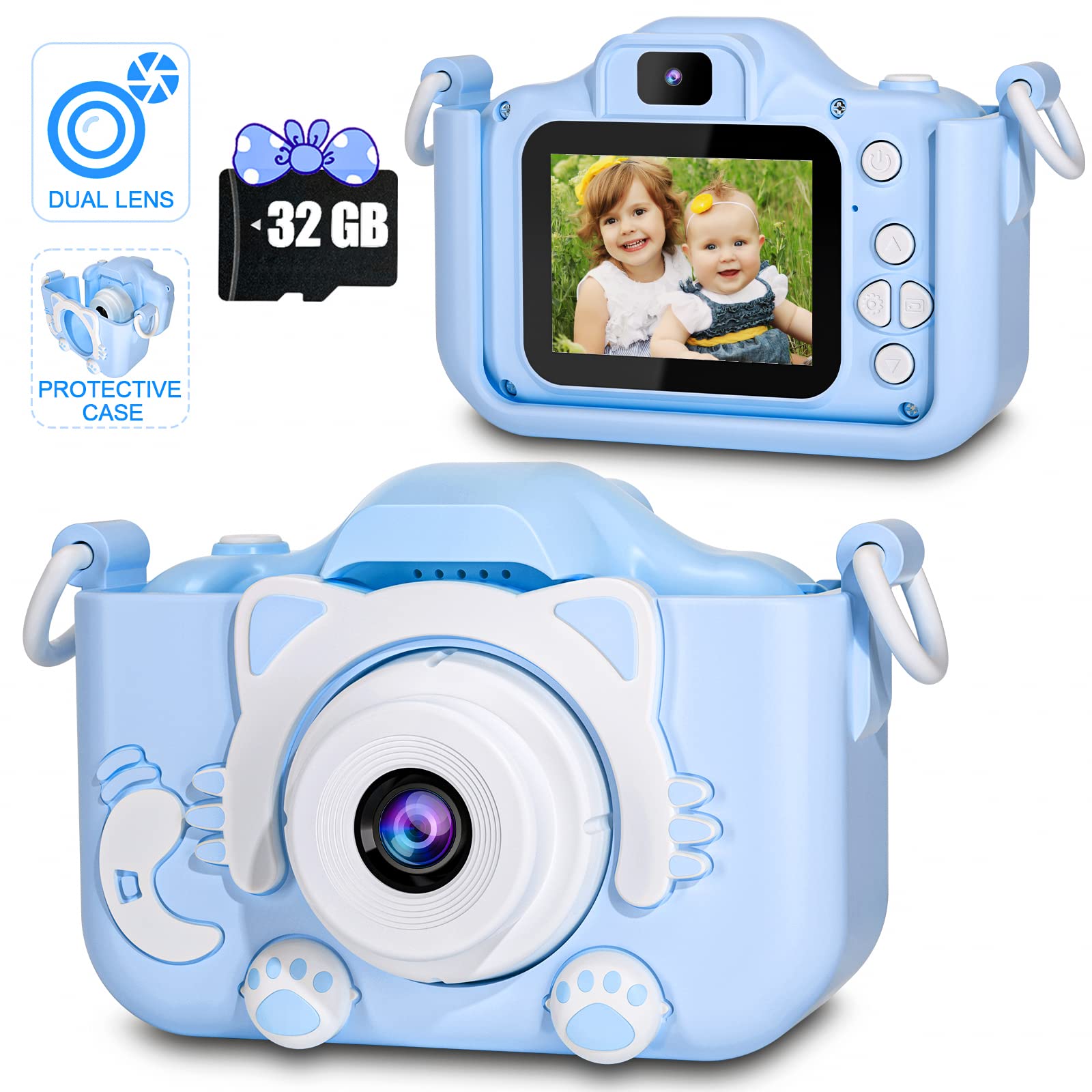 (Blue) Kids Digital Camera Video Camcorder Shockproof Rechargeable with 32GB SD Card Cartoon Soft Silicone Case for Outdoor Play Toys Christmas Birthday Festival Gifts for Child Toddler