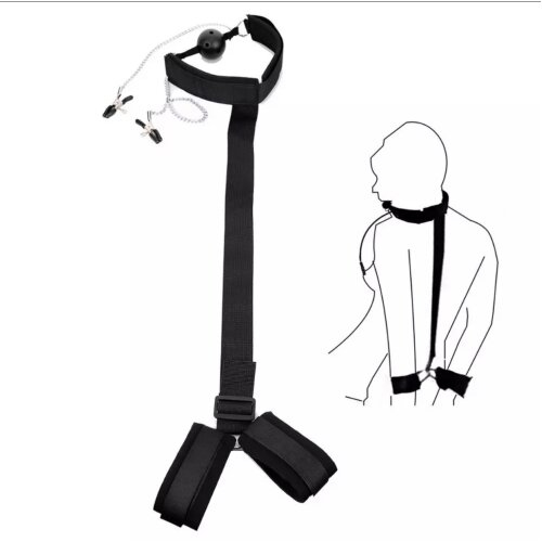 Bondage Restraint Back Handcuffs Adult Products BDSM Sex Toys with Mouth Gag and Nipple Clamps Beginner Couple SM Sex Game Device Gift for Lover