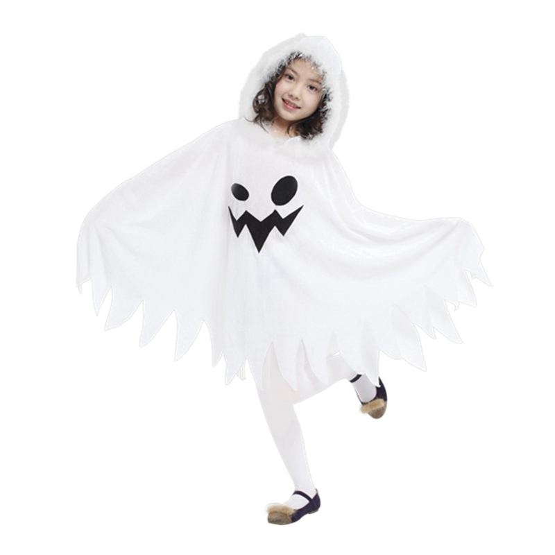 (90cm) Kids White Scary Ghost Face Cloak Costumes Halloween Carnival Fancy Dress Cosplay Role Play Dress Up Frightening Ghost Witch Costume