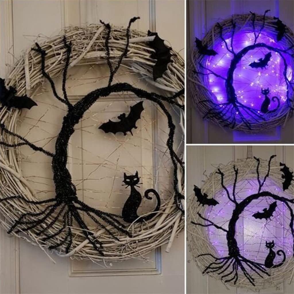 Happy Halloween Wreath Light up Black Bat Cat Wreath Pendant Halloween Decor for Home Party Supplies