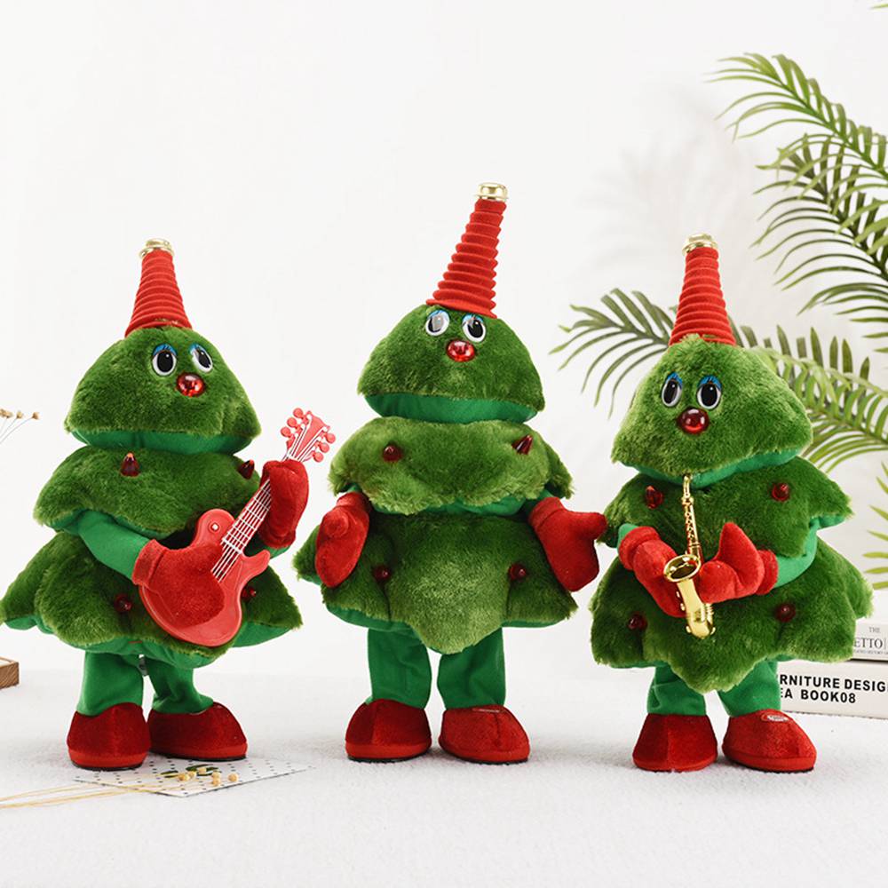 (Saxophone Christmas Tree) Electric Singing Dancing Christmas Santa Plush Toy 40cm Kids Creative Xmas Decorations Plush Doll with Music ＆ Recording Function Battery Operated Plush Toys Gifts for Home Party Xmas Decor