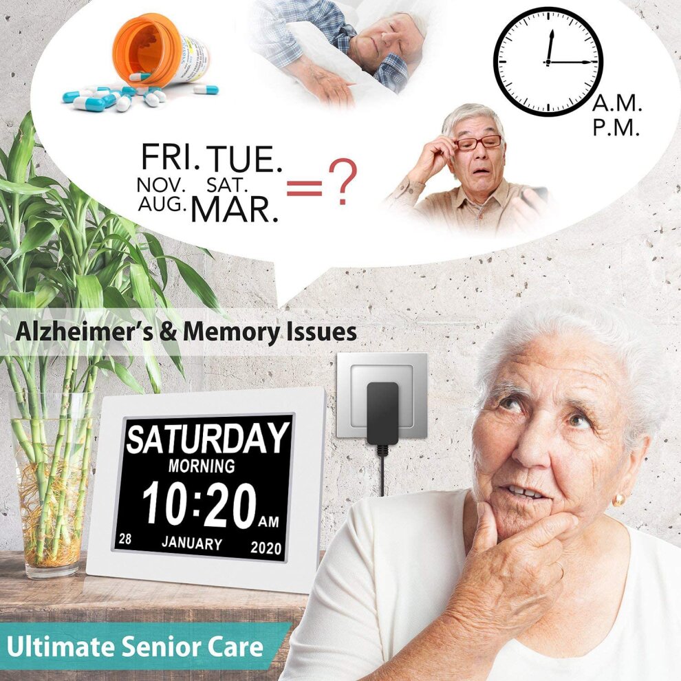 (White) Calendar Memory Loss Day Clock with Digital Photo Frame Extra Large Non-Abbreviated Day Month 8 Inch