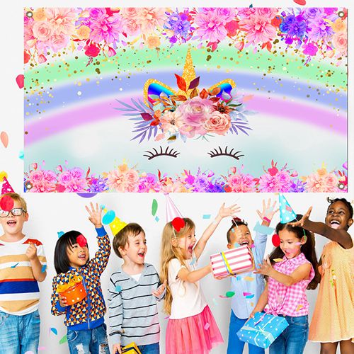 Flower Unicorn Happy Birthday Party Decorations for Girls Watercolor Floral Glitter Cake Table Banner Supplies Studio Props