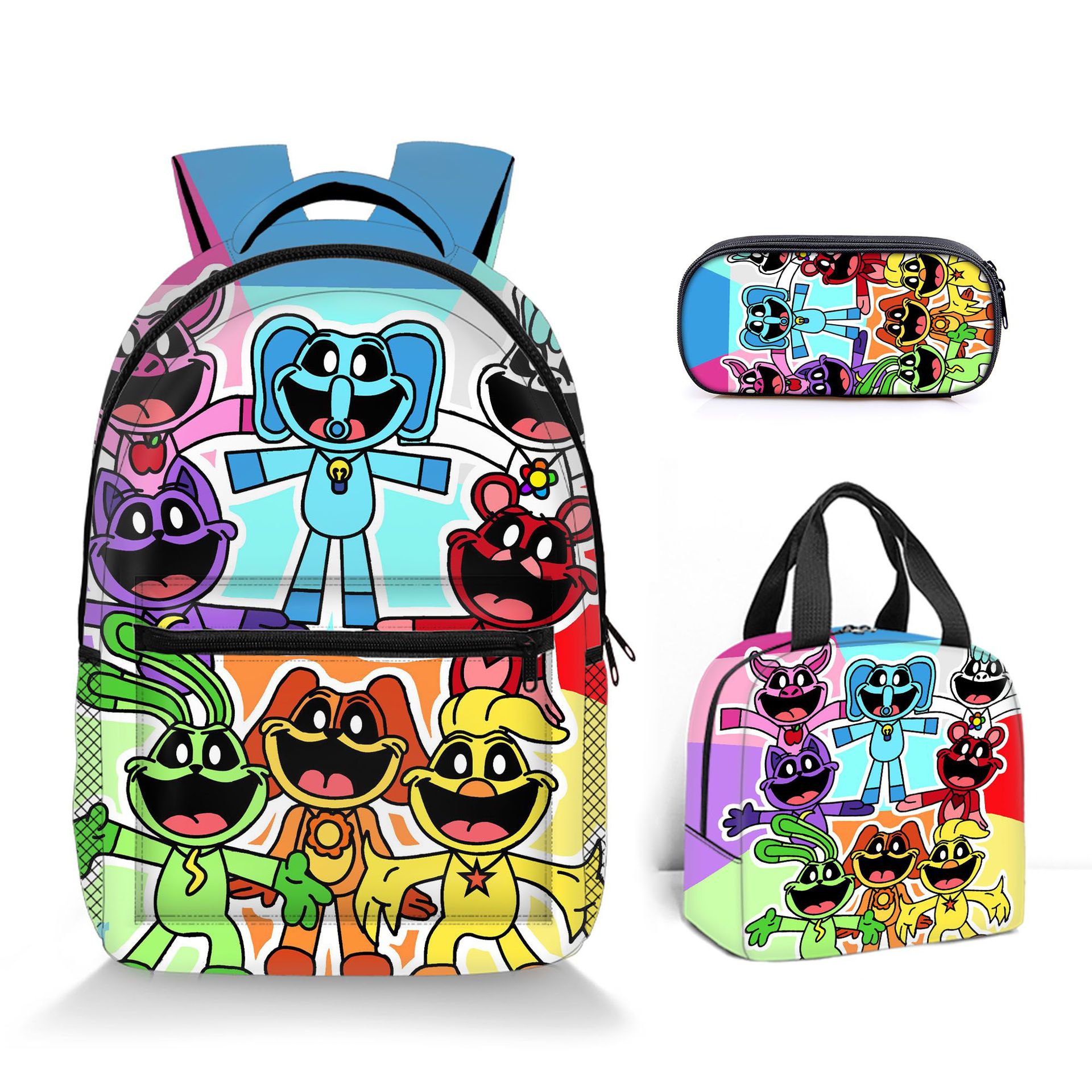 (A) 3PCS Smiling Critters Backpack Shoulder Bag Pencil Case Student Gift