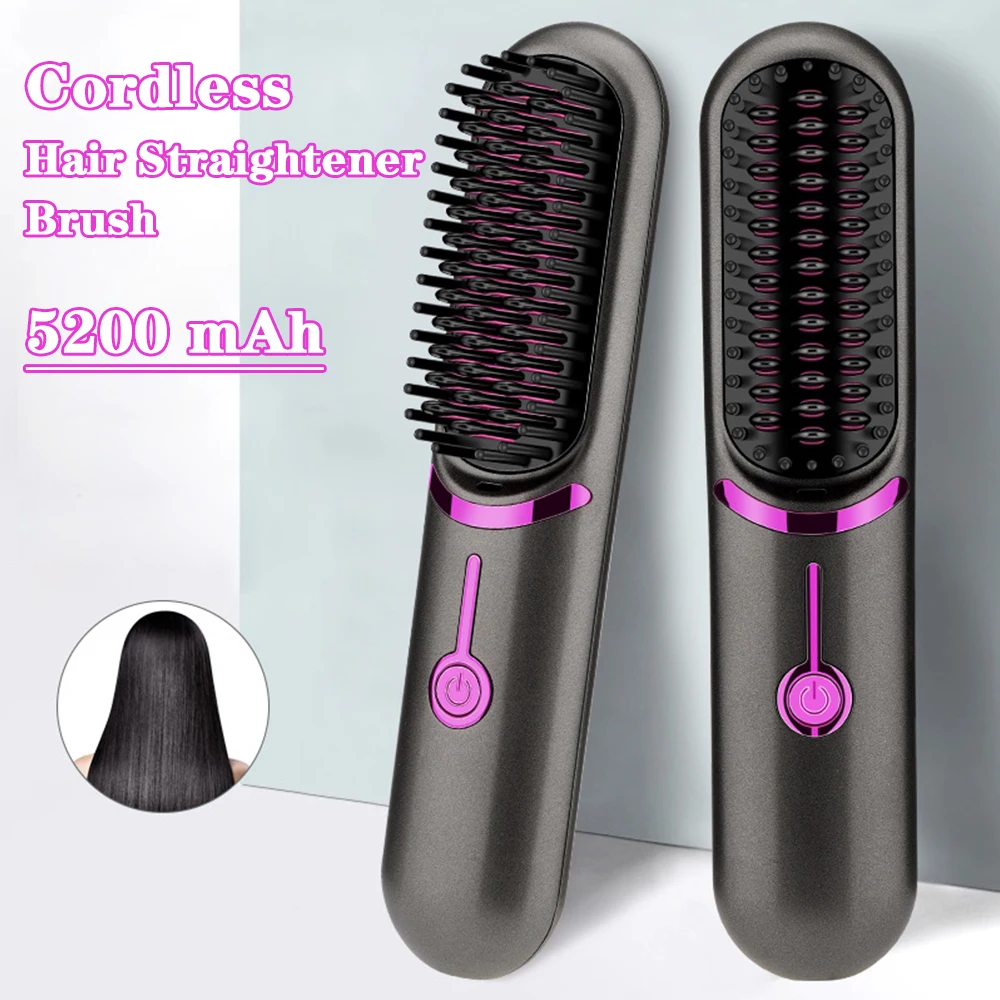 (Black) Hair Straightener Brush Wireless Hair Straightener Comb Mini Travel Electric Hair Comb for Women Portable Rechargeable 3 Temperature Modes Fast Heating