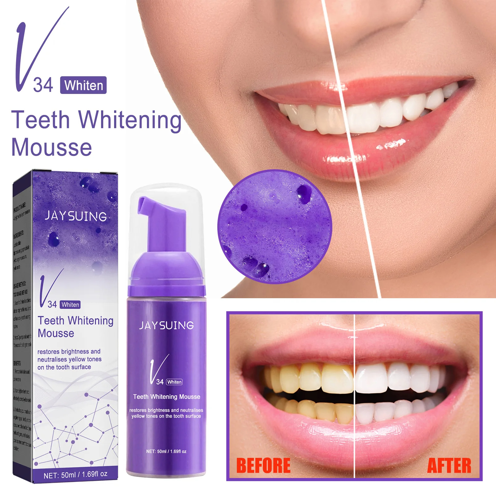 V34 Whitening Correcting Yellow Teeth Removing Stains Oral Cleaning Toothpaste White Teeth Mousse Foam Purple Whitening Cleaning Toothpaste Hygiene