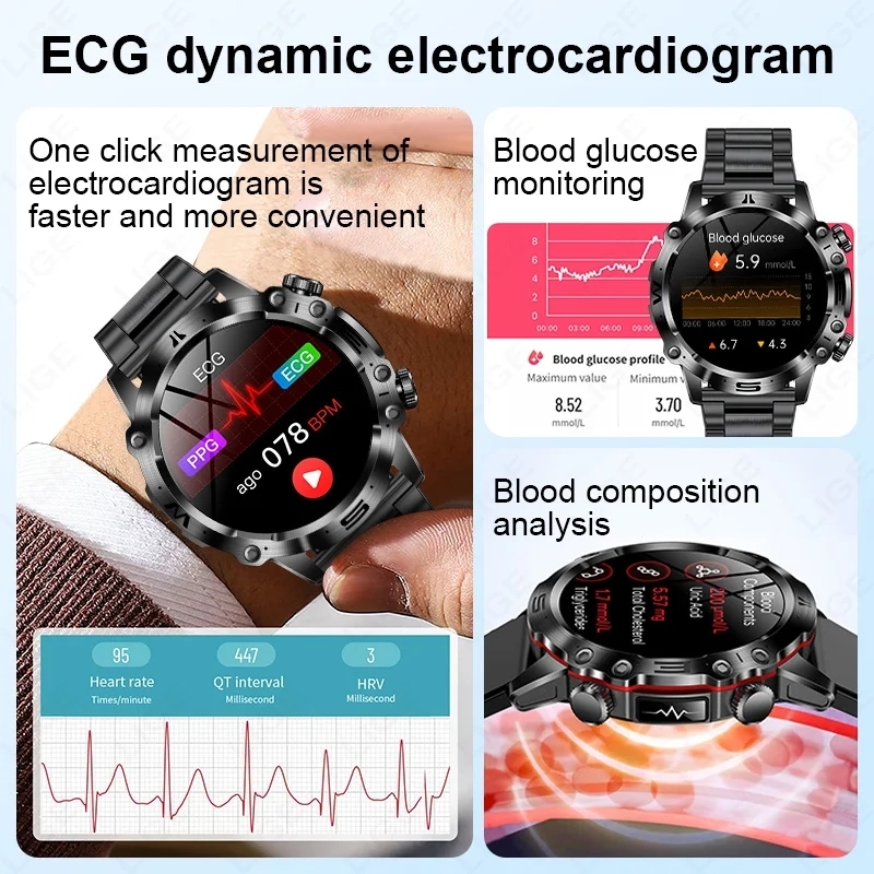 (Blue) Blood Lipids Uric Acid Blood Glucose Smart Watch For Men Bluetooth Call Health Smartwatch