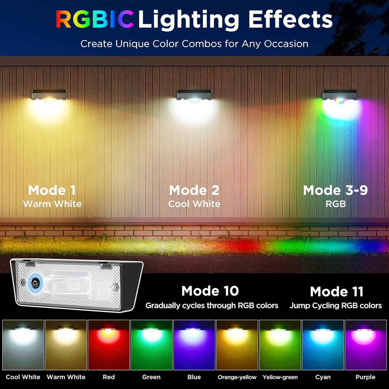 (8 pcs) Solar Fence Lights Outdoor Garden Linear Light Effect Solar Step Lights with Warm White 11 RGB Modes Auto On Off IP44 Waterproof Spotlights Stair Wall Patio 