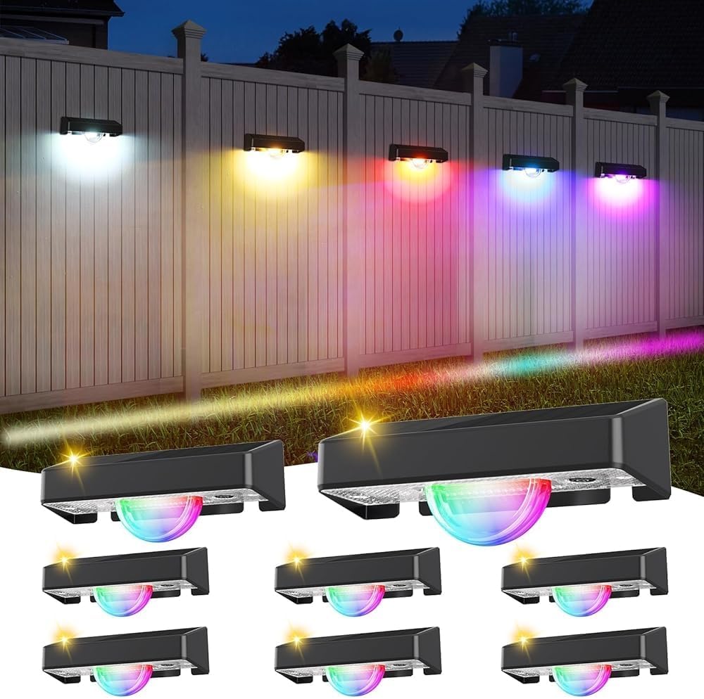 (8 pcs) Solar Fence Lights Outdoor Garden Linear Light Effect Solar Step Lights with Warm White 11 RGB Modes Auto On Off IP44 Waterproof Spotlights Stair Wall Patio 