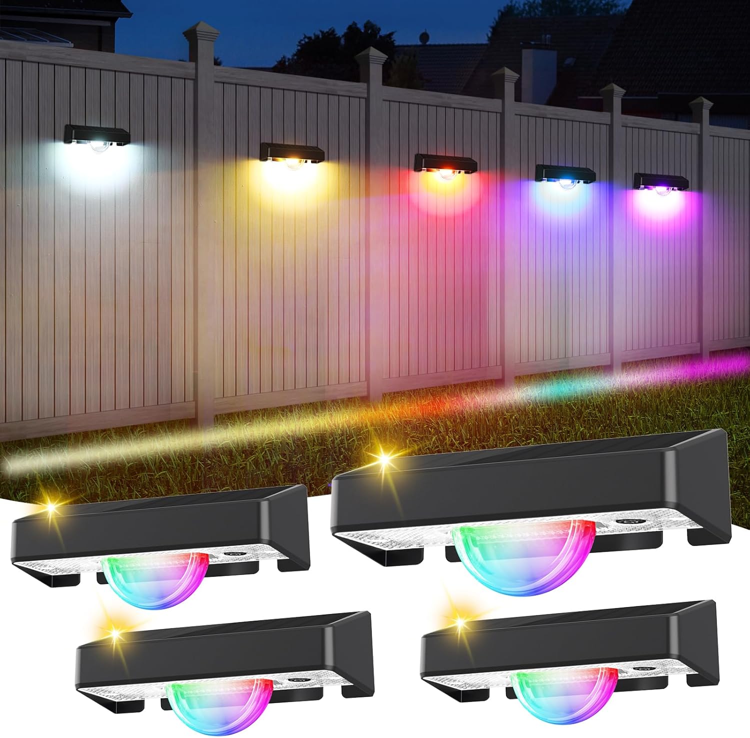 (8 pcs) Solar Fence Lights Outdoor Garden Linear Light Effect Solar Step Lights with Warm White 11 RGB Modes Auto On Off IP44 Waterproof Spotlights Stair Wall Patio 