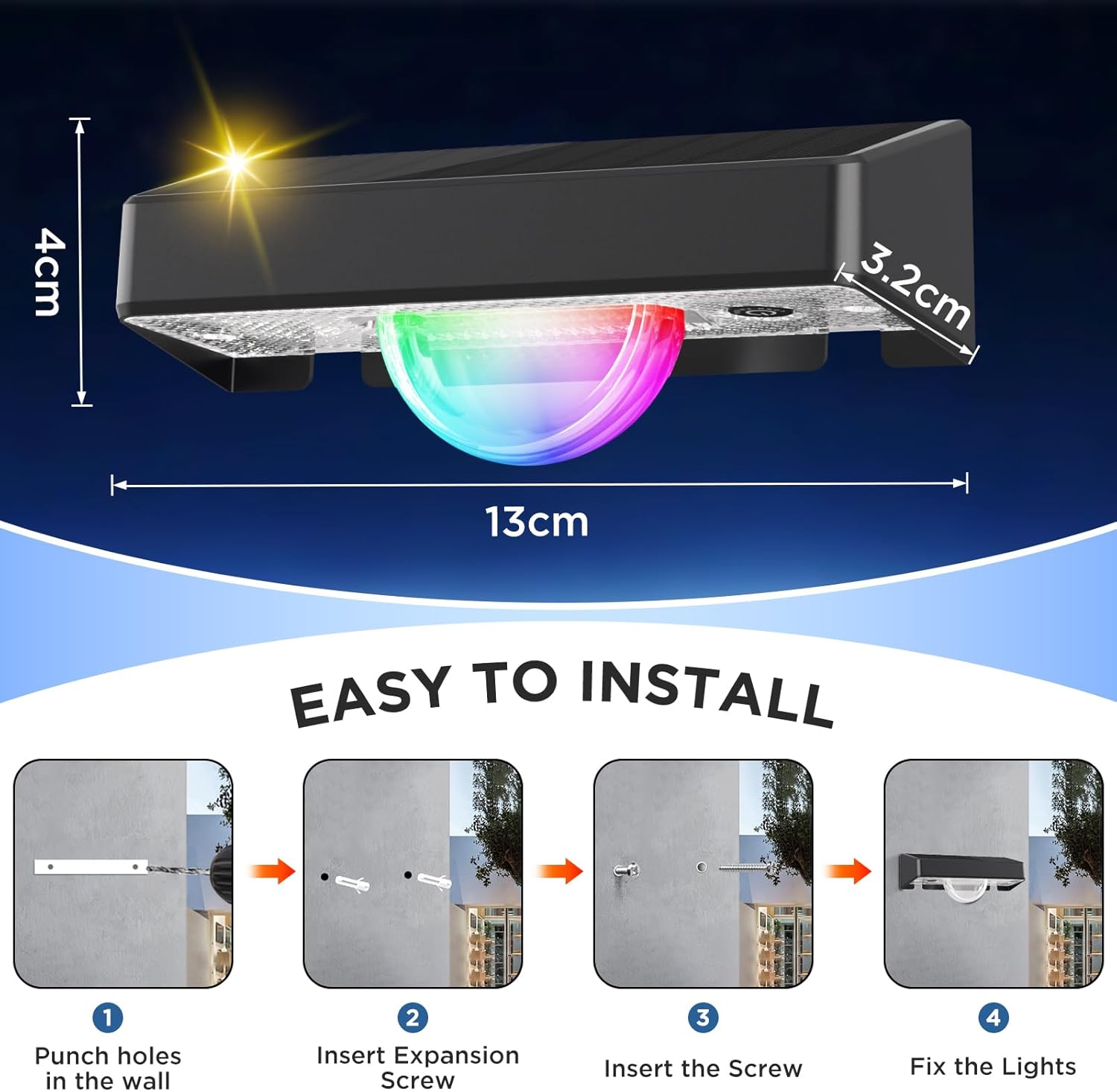 (8 pcs) Solar Fence Lights Outdoor Garden Linear Light Effect Solar Step Lights with Warm White 11 RGB Modes Auto On Off IP44 Waterproof Spotlights Stair Wall Patio 