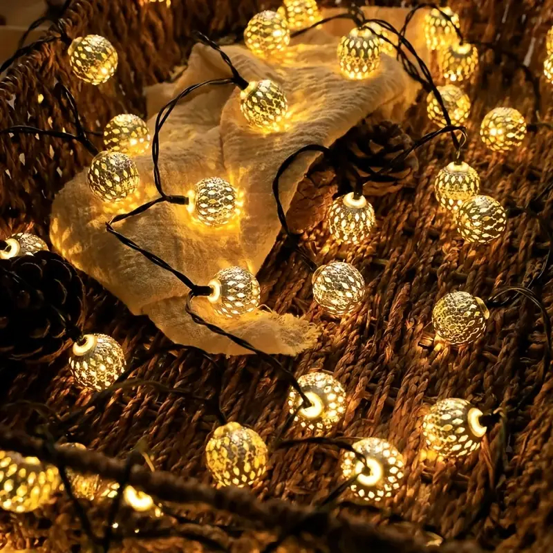 (Purple) Outdoor Solar Moroccan 5M 20LED Ball Lights 8 Modes Solar Light String for Camping Christmas Halloween Party Wedding Decor