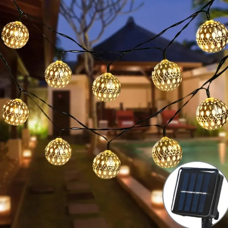 (Purple) Outdoor Solar Moroccan 5M 20LED Ball Lights 8 Modes Solar Light String for Camping Christmas Halloween Party Wedding Decor