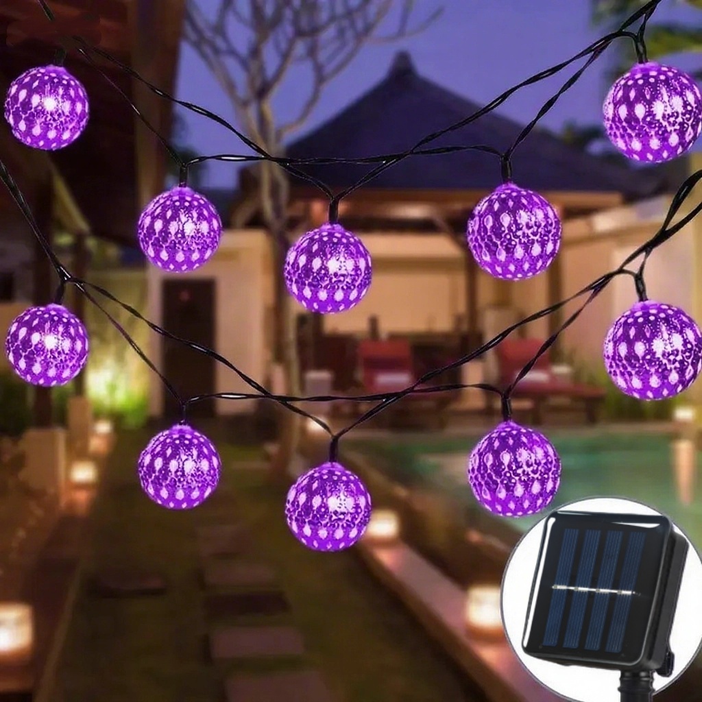 (Purple) Outdoor Solar Moroccan 5M 20LED Ball Lights 8 Modes Solar Light String for Camping Christmas Halloween Party Wedding Decor