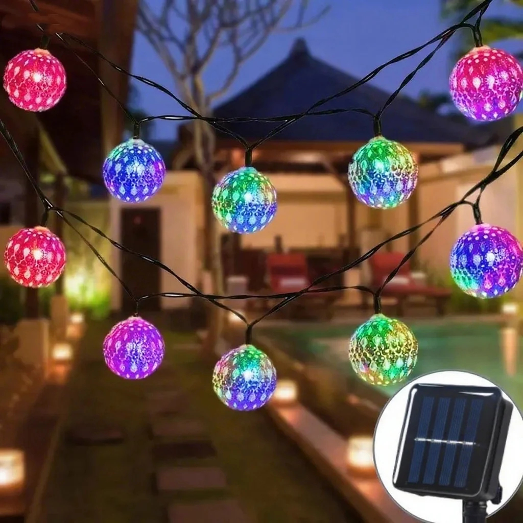 (Purple) Outdoor Solar Moroccan 5M 20LED Ball Lights 8 Modes Solar Light String for Camping Christmas Halloween Party Wedding Decor