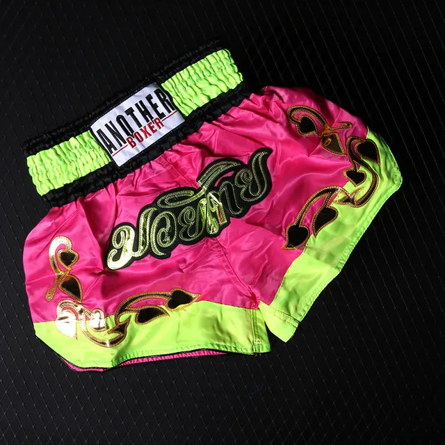 (M) Unisex Muay Thai Boxing Shorts with Embroidery Satin Pants for Men Women Kids Kickboxing MMA Training