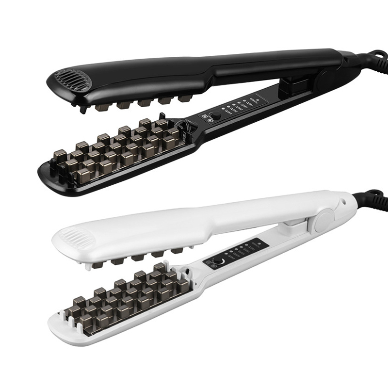 (Black) Hair Iron Ceramic 3D Grid Hair Crimper Professional Volumizing Curling Iron Corn Perm Fluffy Splint Flat Iron Hair Styling Tools