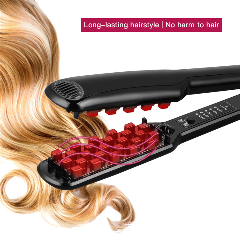 (Black) Hair Iron Ceramic 3D Grid Hair Crimper Professional Volumizing Curling Iron Corn Perm Fluffy Splint Flat Iron Hair Styling Tools