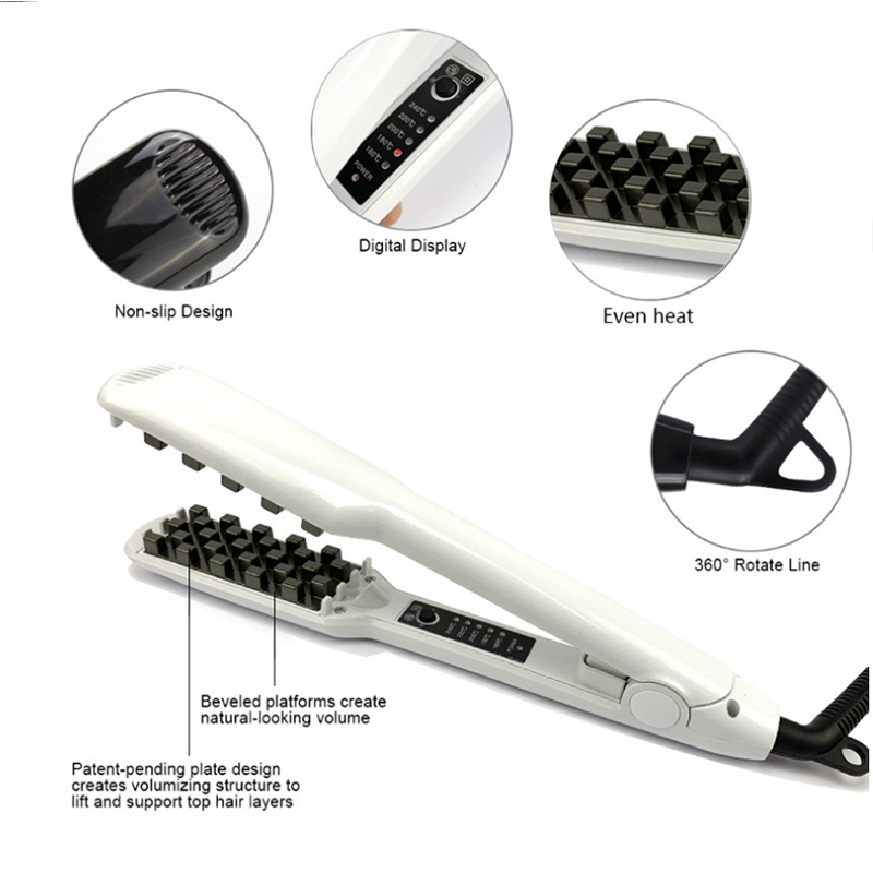 (Black) Hair Iron Ceramic 3D Grid Hair Crimper Professional Volumizing Curling Iron Corn Perm Fluffy Splint Flat Iron Hair Styling Tools