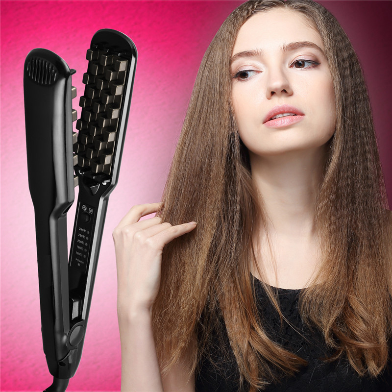 (Black) Hair Iron Ceramic 3D Grid Hair Crimper Professional Volumizing Curling Iron Corn Perm Fluffy Splint Flat Iron Hair Styling Tools