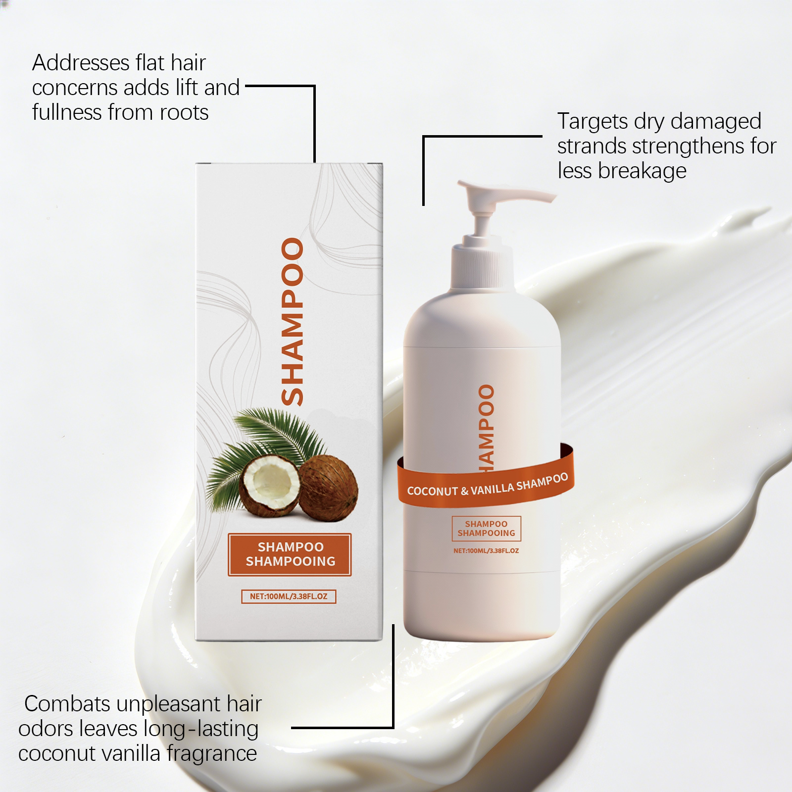 Coconut Fragrance Vanilla Shampoo Plant Extract Oil Control Fluffy Hair Cleaning Hydrating Soft Care Refreshing Non Sticky