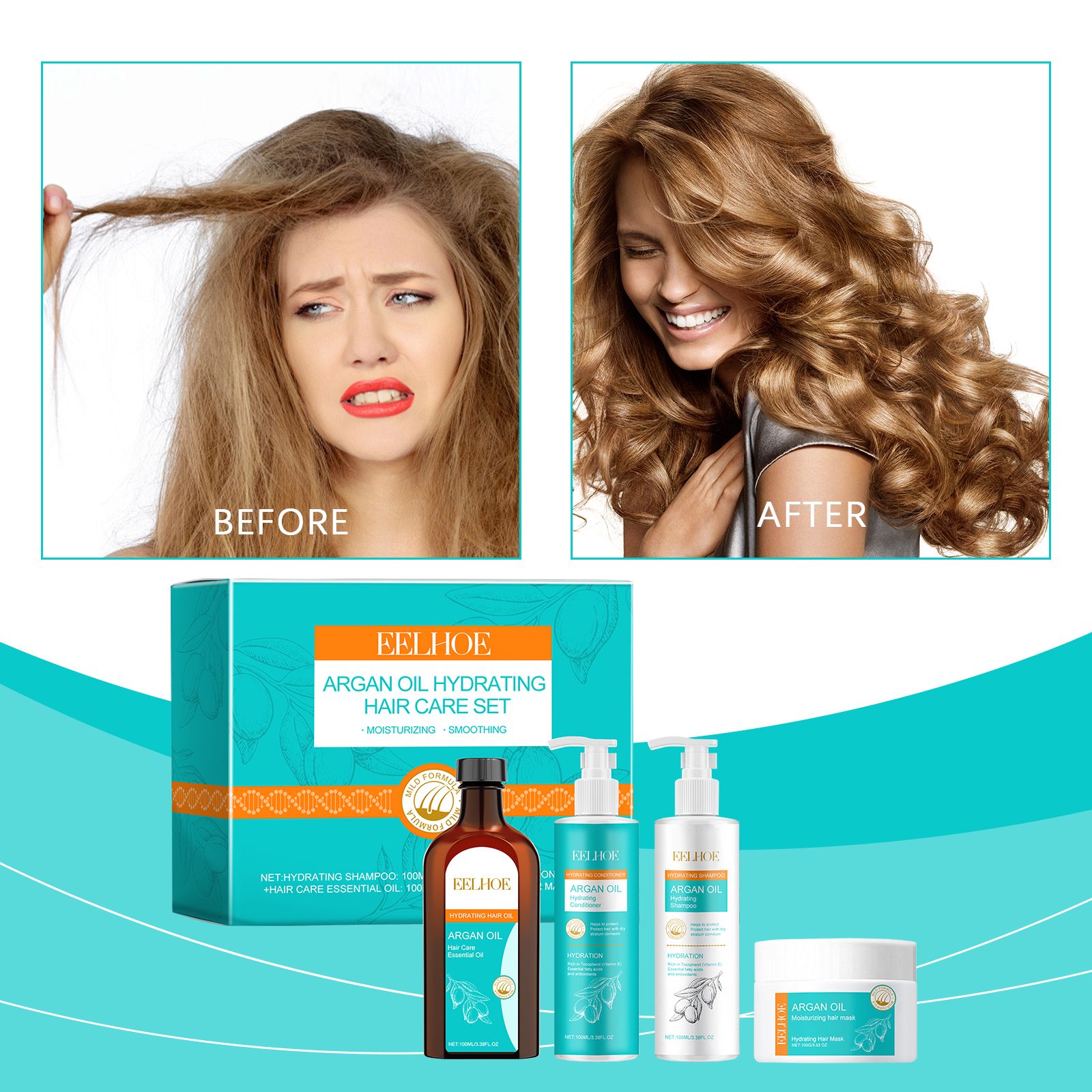 Moroccan Argan Oil Hair Care Set Shampoo Conditioner Mask And Oil For Dry Frizzy Hair