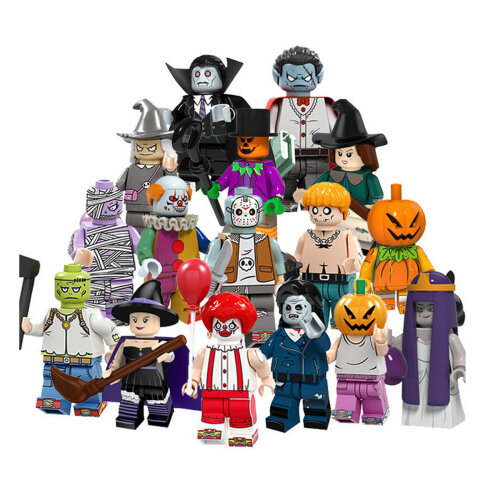 Minifigure Building Blocks Toys 16PCS Halloween Series Vampire Witch Pumpkin Clown Zombie Set for Kids Boys Girls Age 5 Plus Halloween Christmas Gifts
