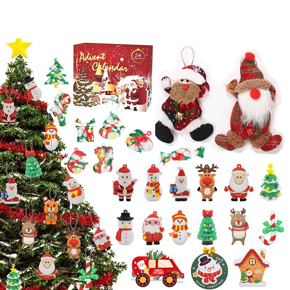 Christmas Advent Calendar 2022 Xmas 24 Days Countdown Christmas Tree Decorations Christmas Santa Elk Snowman Hanging Ornaments Pendants for Festive Holiday Surprises Gifts for Kids Girls Boy