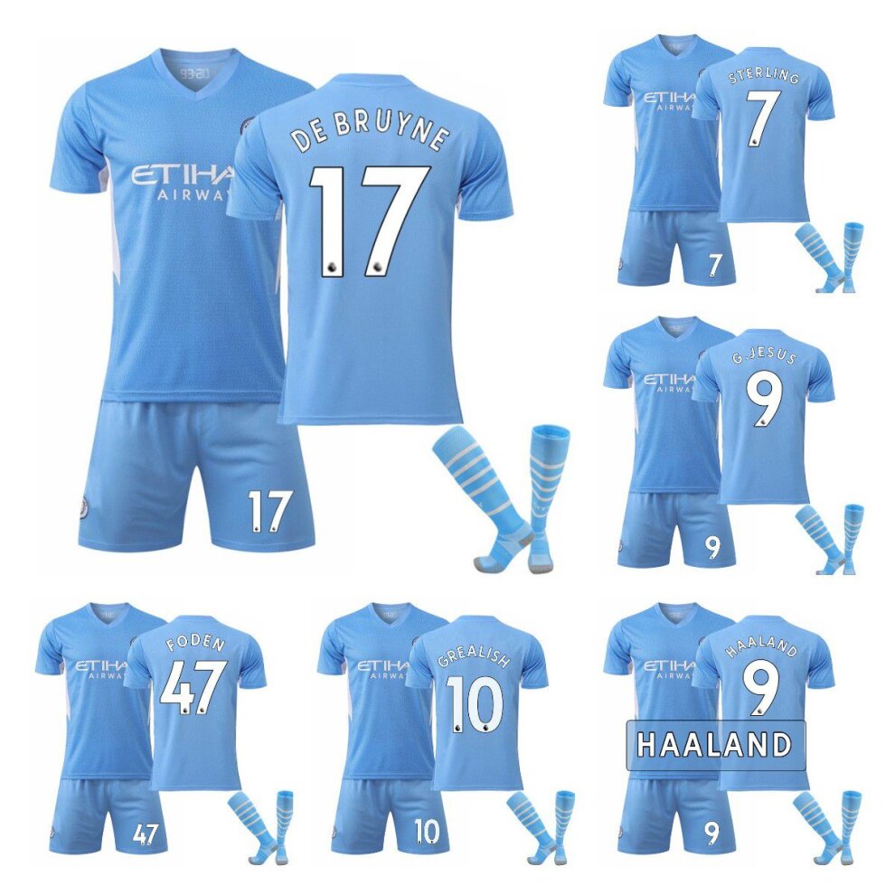 (No Number 185~190cm) Football Jersey Kit with De Bruyne Foden De Bruyne Haaland G Jesus Sterling Player Name and Number 21-22 Soccer Outdoor Training Suits Jersey for Kids Boys Adults Men Women Girl
