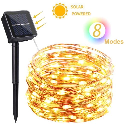 33ft 100 LED Solar-Powered String, 8 Twinkle Modes Warm White Fairy Lights