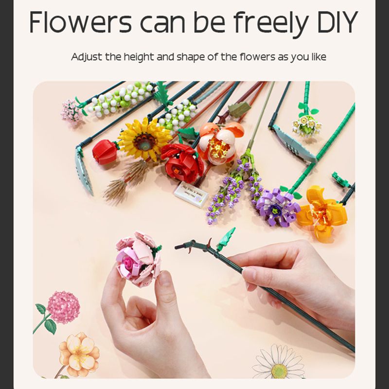 (A) Romantic Rose Flowers Bouquet Building Blocks Ideas Simulation Model Bricks Home Decoration DIY Toys for Girls Gifts