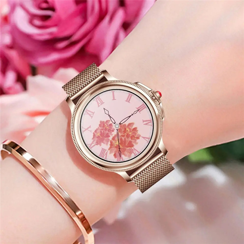 (Gold Steel) Smart Watch Women Fitness Tracker Bracelet Sports Ladies Fashion Smartwatch Bluetooth Call Heart Rate Blood Oxygen Blood Pressure Monitor