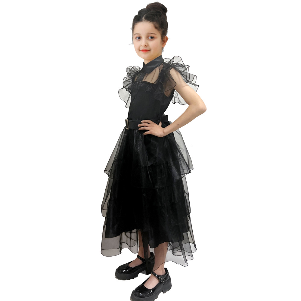 (110~120cm) Wednesday Addams Costume Dress for Girls Dress Up Fancy Halloween Cosplay Outfit Christmas Party