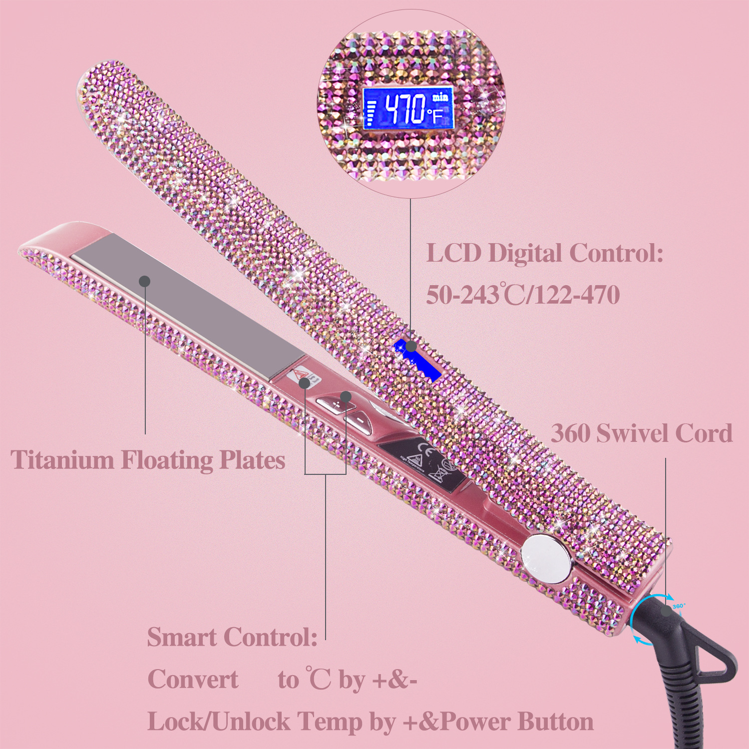Hair Straightener Hair Curler Professional Titanium Flat Iron Rhinestone Straightening Iron for Women Crystal Diamond LCD Digital Display