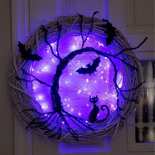 Happy Halloween Wreath Light up Black Bat Cat Wreath Pendant Halloween Decor for Home Party Supplies