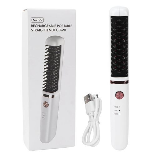 Wireless Straight Hair Comb USB Rechargeable Ceramic Hair Straightener with 3 Levels Adjustable Temper