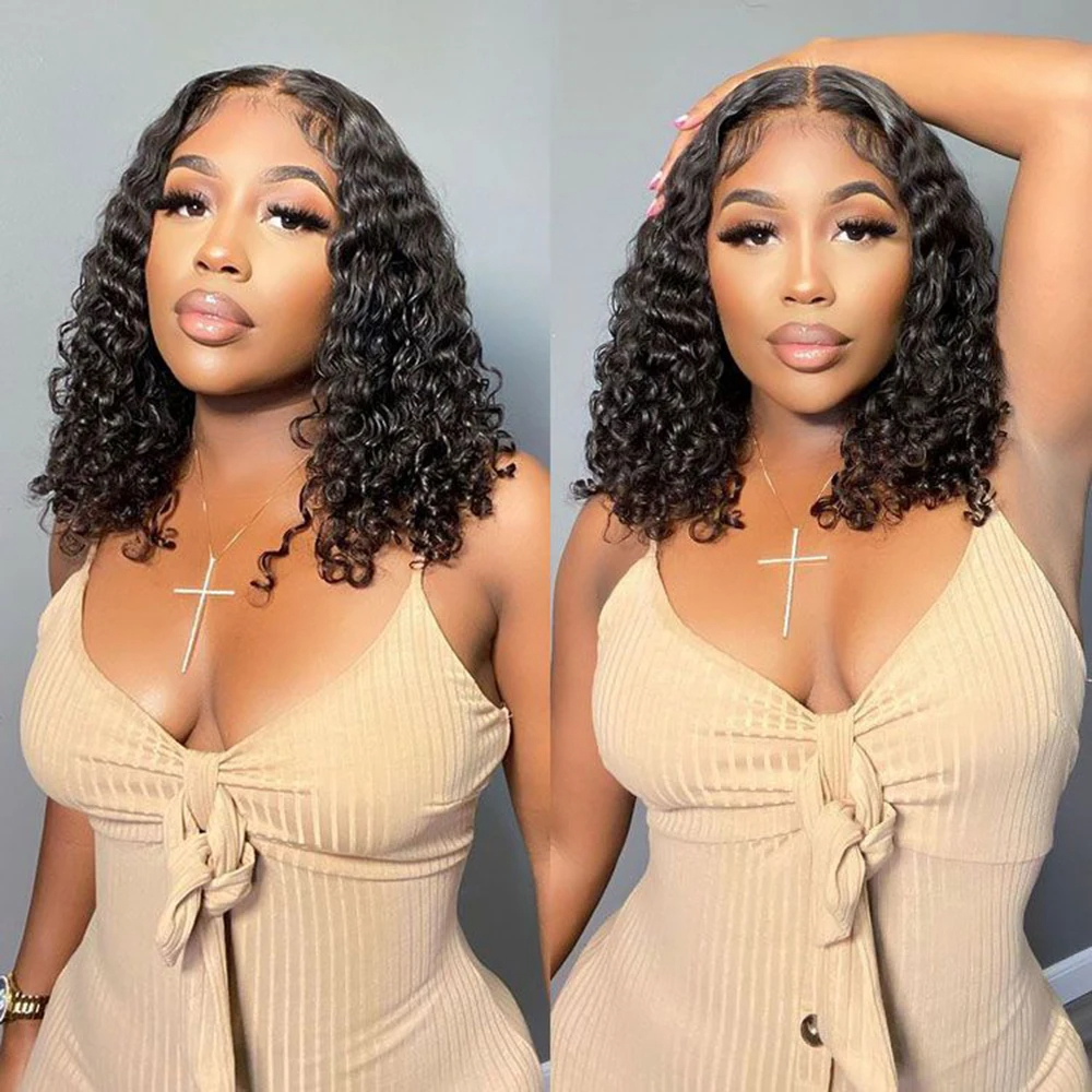 (Side Part 8inches) Bob Lace Wig Black Curly For Women Deep Water Curly Wave Human Hair Wigs 100 Percent  Remy Natural Hair Short Lace Frontal T Part Wig