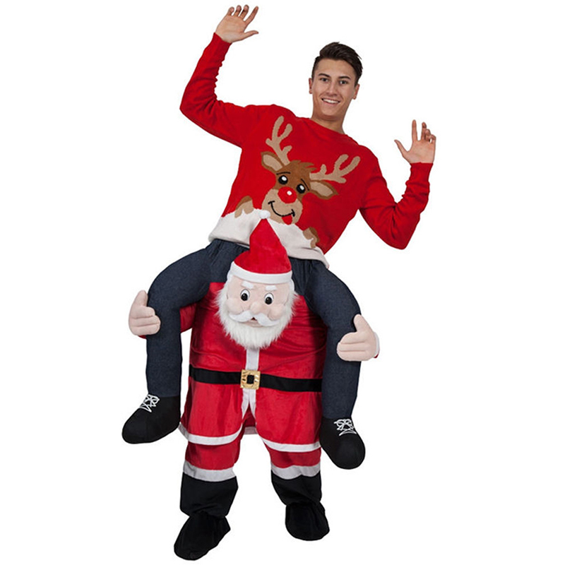 Christmas Santa Claus Costume Shoulder Carry Ride On Me Mascot Costume Fun Dress Adult Halloween Costumes Fake Leg Christmas Party Cosplay Red One size