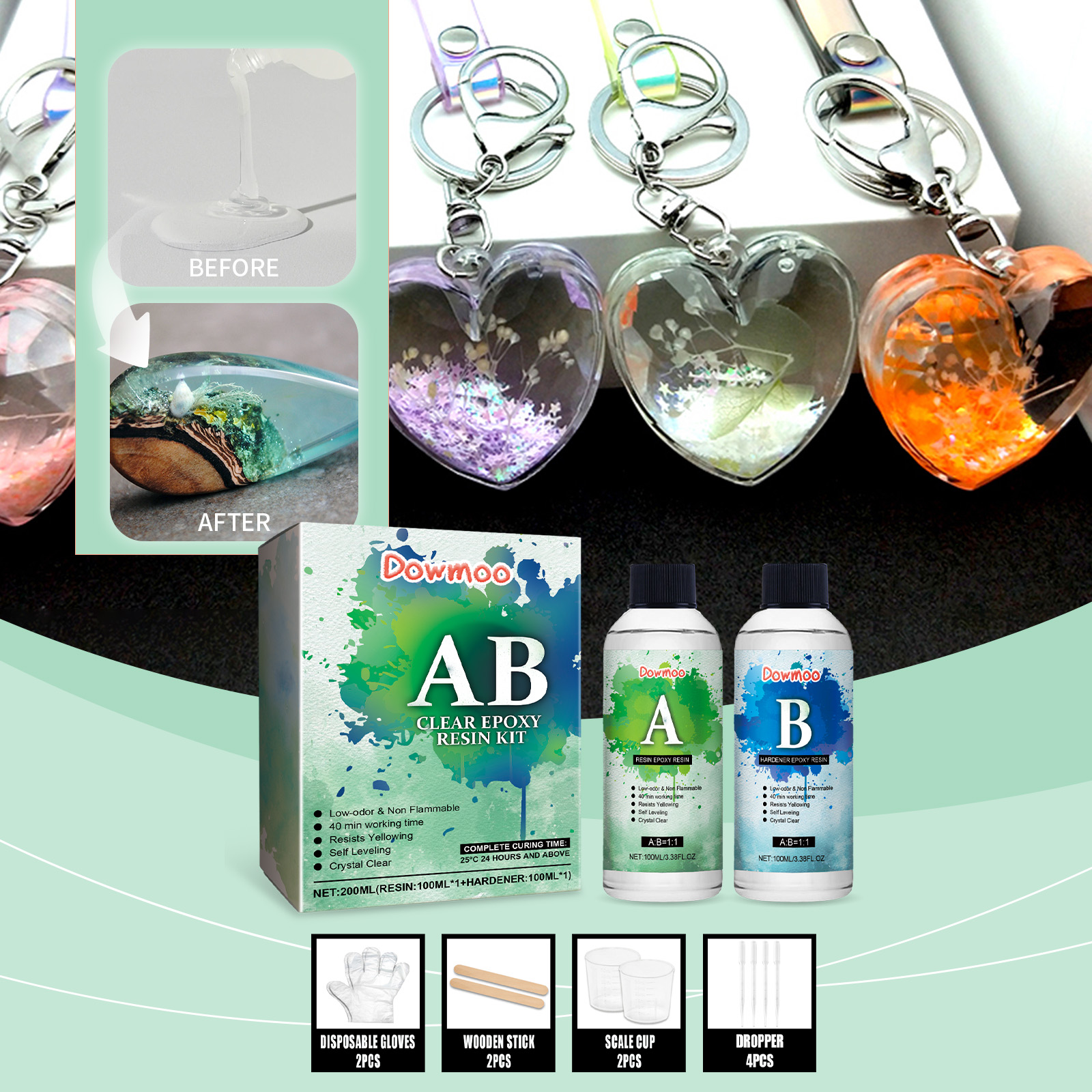 (Set C) Clear Epoxy Resin Kit Bubble Free Crystal Clear AB High Adhesive Transparent Hardener Casting Jewelry Making Art Resin Supplies ﻿