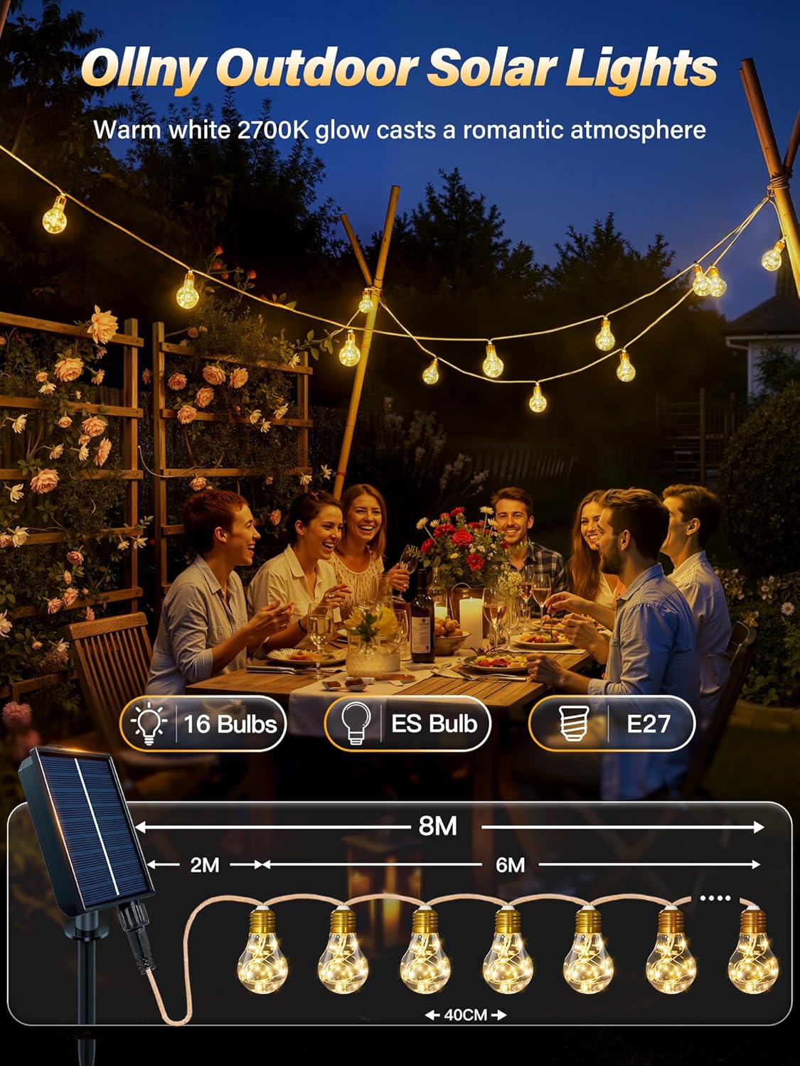 Solar Lights Outdoor Garden 8m Hemp Rope Festoon Light with Remote USB Fairy String with 16 ES Shatterproof Bulbs 160 LEDs 8 Modes Waterproof Lighting 