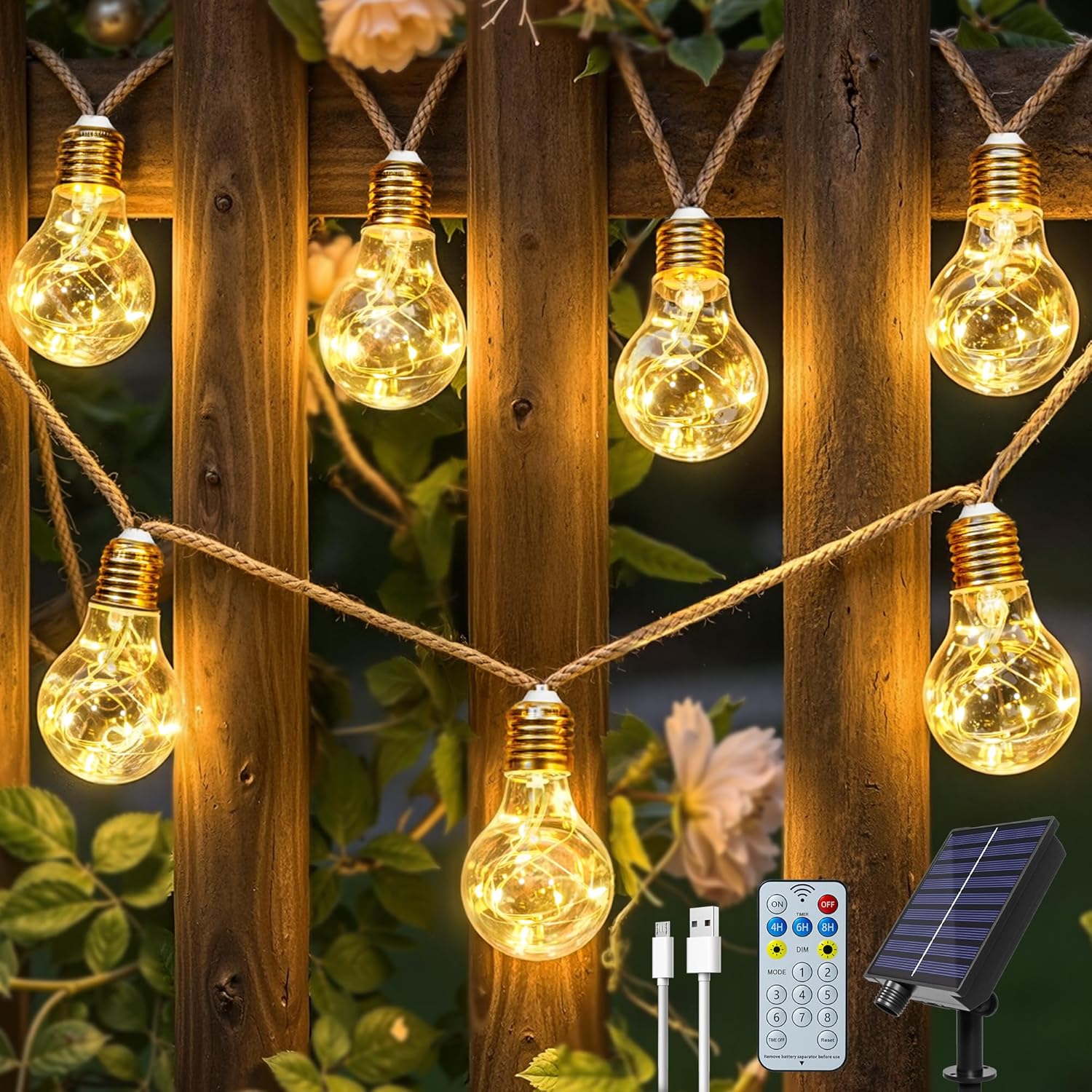 Solar Lights Outdoor Garden 8m Hemp Rope Festoon Light with Remote USB Fairy String with 16 ES Shatterproof Bulbs 160 LEDs 8 Modes Waterproof Lighting 