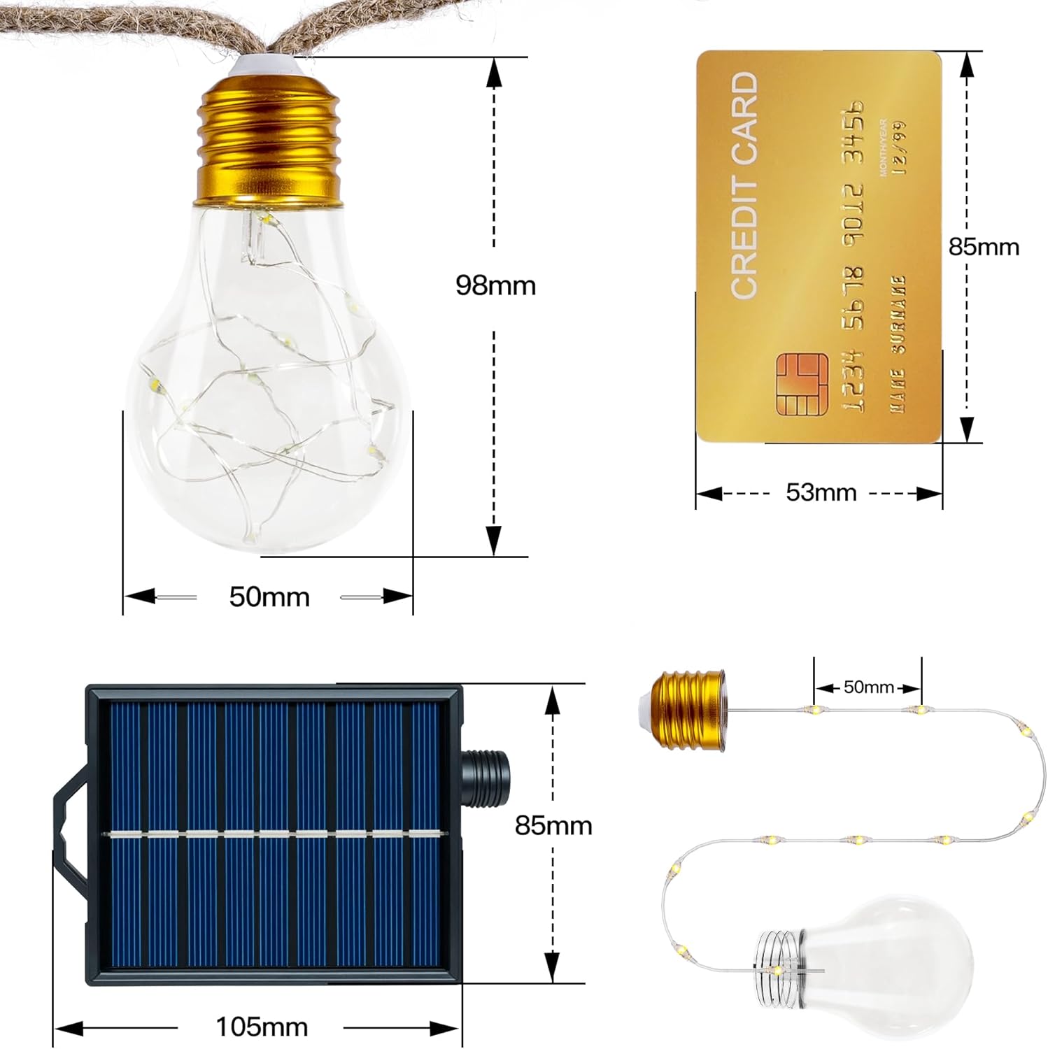 Solar Lights Outdoor Garden 8m Hemp Rope Festoon Light with Remote USB Fairy String with 16 ES Shatterproof Bulbs 160 LEDs 8 Modes Waterproof Lighting 