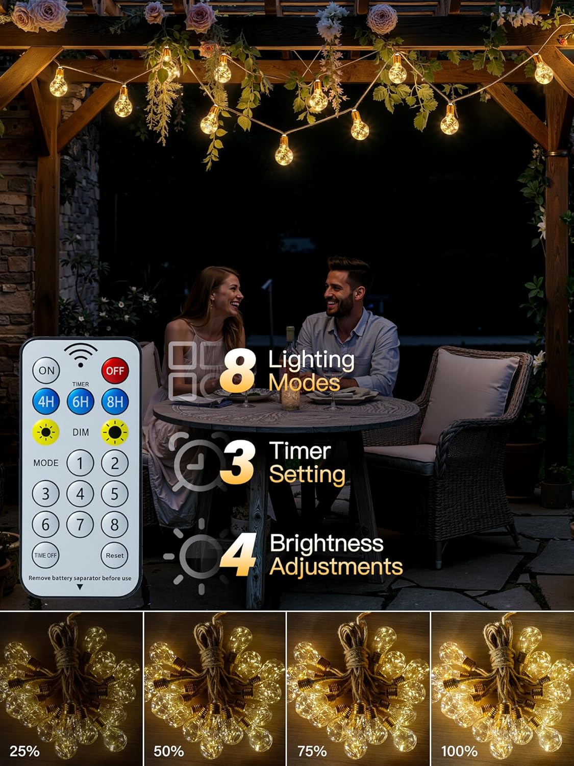Solar Lights Outdoor Garden 8m Hemp Rope Festoon Light with Remote USB Fairy String with 16 ES Shatterproof Bulbs 160 LEDs 8 Modes Waterproof Lighting 