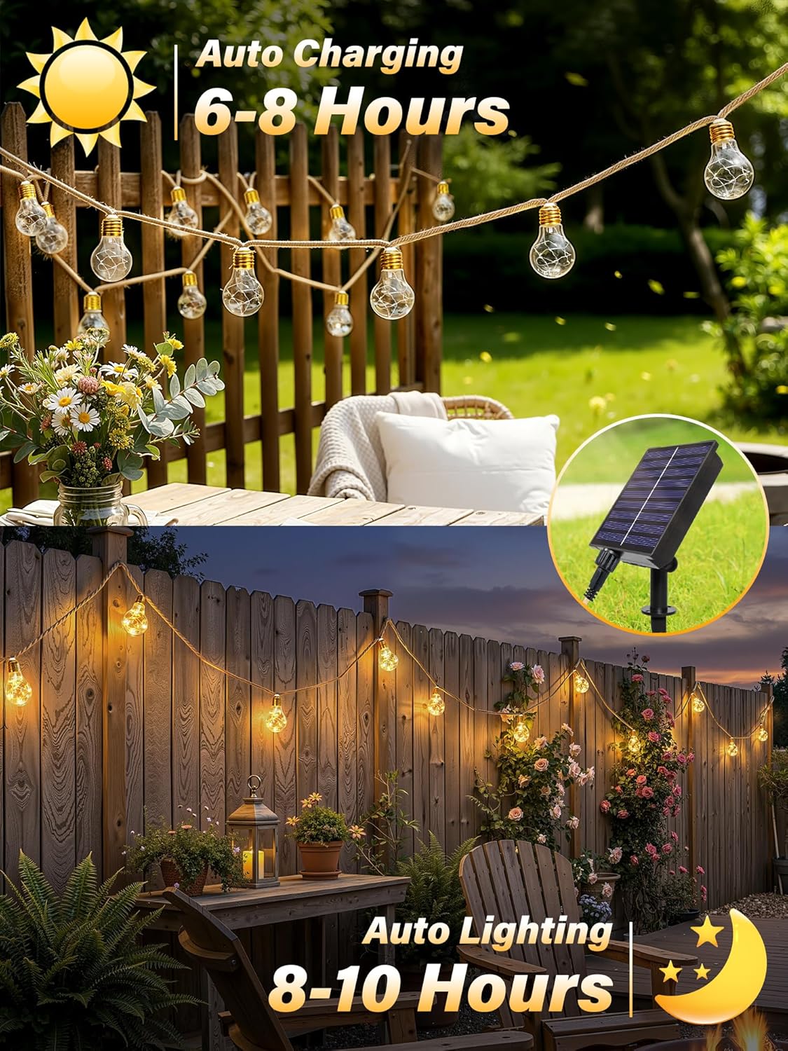 Solar Lights Outdoor Garden 8m Hemp Rope Festoon Light with Remote USB Fairy String with 16 ES Shatterproof Bulbs 160 LEDs 8 Modes Waterproof Lighting 